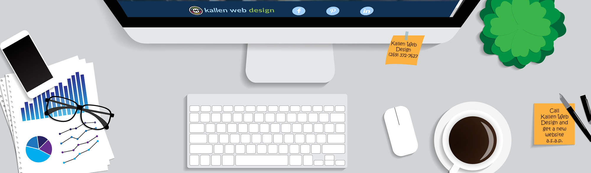 Image showing desktop items highlighting the need to call Kallen Web Design for the best web development in Kalamazoo.
