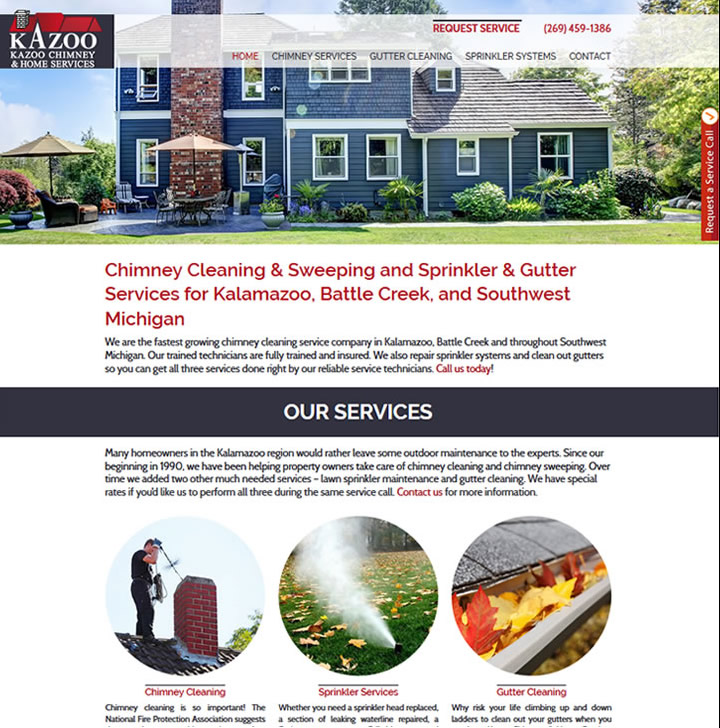 Website example showing home with chimney and gutters